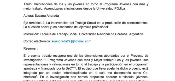 Valoraciones de los y las jóvenes en torno al Programa Jóvenes con más y mejor trabajo. Susana Andrada