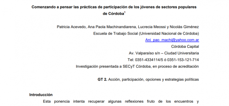 COMENZANDO A PENSAR LAS PRÁCTICAS DE PARTICIPACIÓN DE LOS JÓVENES DE SECTORES POPULARES DE CÓRDOBA EN GT 2. ACCIÓN, PARTICIPACIÓN, OPCIONES Y ESTRATEGIAS POLÍTICAS